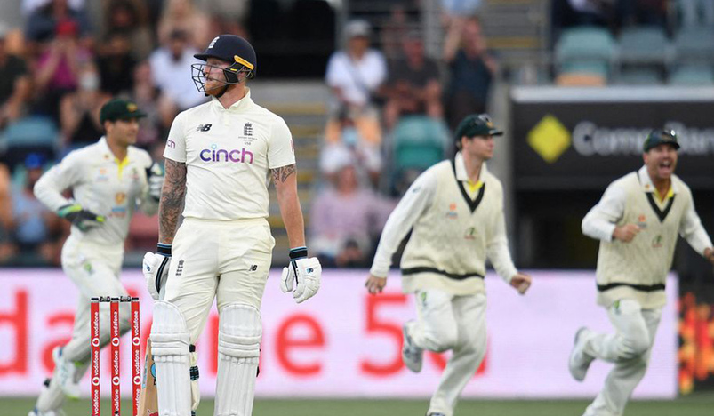 Ben Stokes of England reacts after losing his wicket